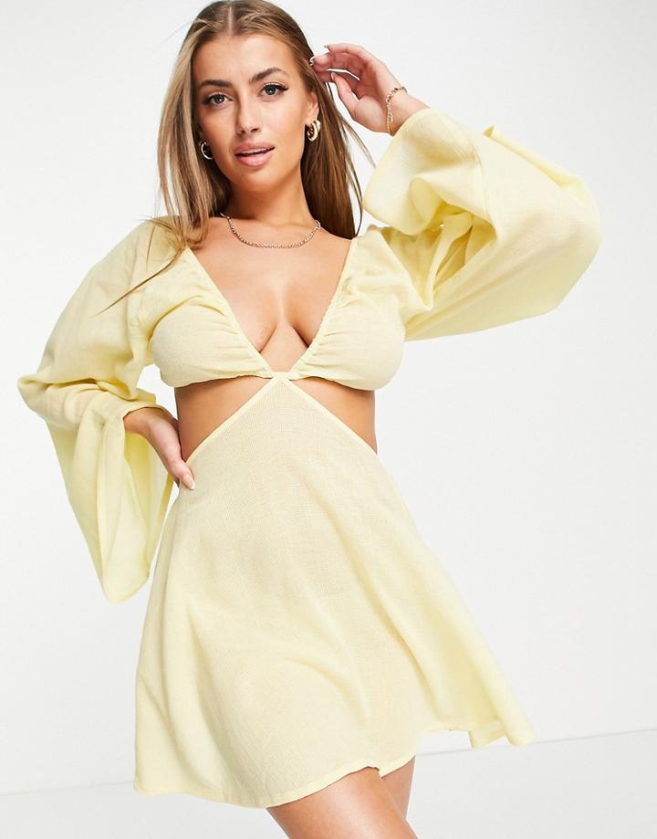 Asos Design Fuller Bust Cut Out Waist Long Sleeve Beach Mini Dress In Yellow