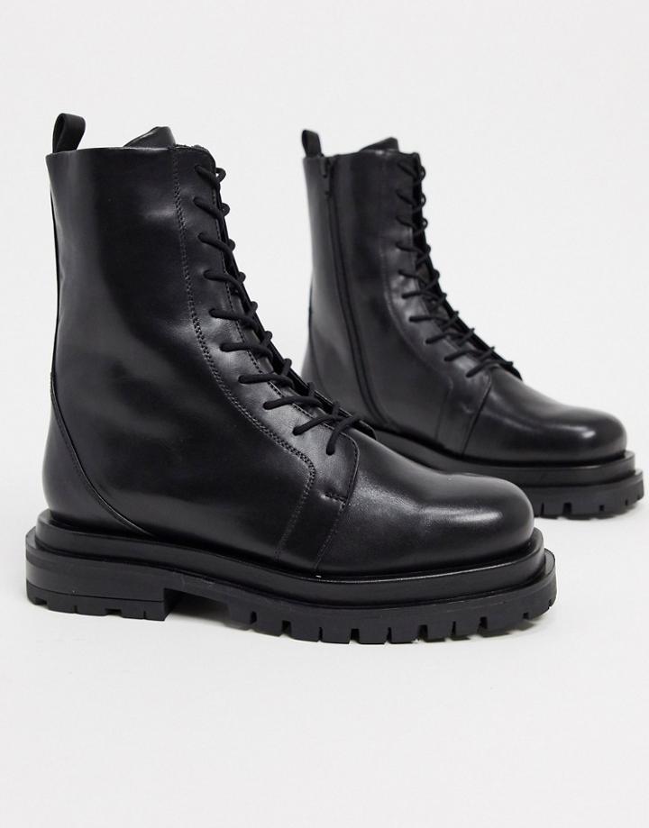 Asos Design Attic Premium Leather Chunky Lace Up Boots-black