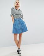 Asos Denim Button Front Mini Skater Skirt In Mid Wash Blue - Blue