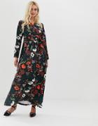 Zibi London Wrap Front Long Sleeve Floral Midi Dress - Black