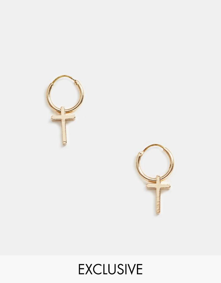 Reclaimed Vintage Inspired Hoop Earrings With Cross In Gold Exclusive At Asos - Gold