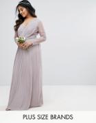 Tfnc Plus Wedding Pleated Maxi Dress With Long Sleeves And Lace Inserts With Embellished Waist - Gray