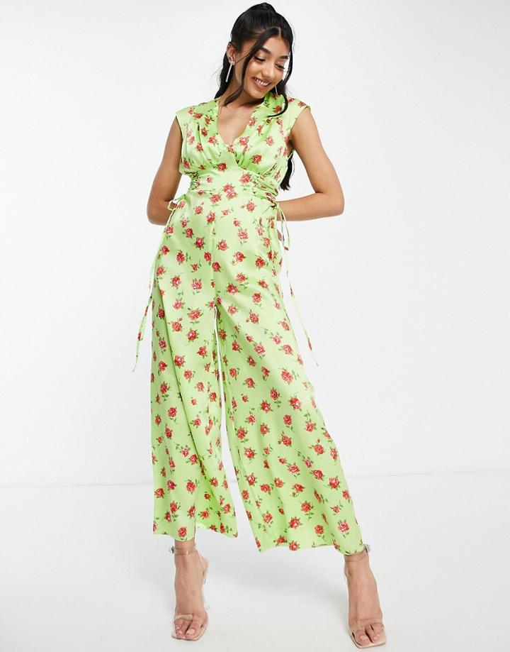 Asos Design Satin Tea Lace Up Side Jumpsuit In Green Floral Print-multi