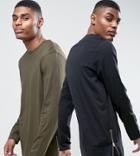 Asos 2 Pack Super Longline Long Sleeve T-shirt In Black/green With Curved Hem And Zips Save - Multi
