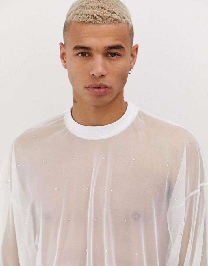 Asos Design Oversized T-shirt With Half Sleeve In Embellished Mesh In White - White