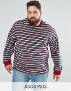 Asos Plus Oversized Long Sleeve T-shirt In Towelling And Retro Stripe - Multi