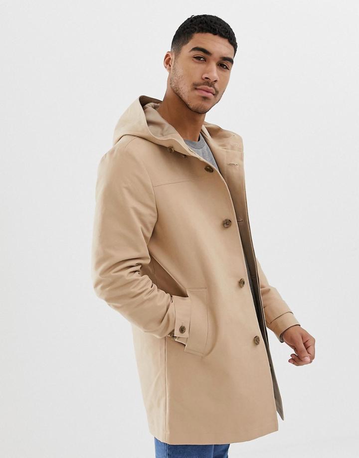 Asos Design Hooded Trench Coat With Shower Resistance In Stone