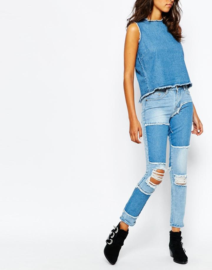Liquor & Poker Slim Mom Jeans With Raw Edge Detail - Blue