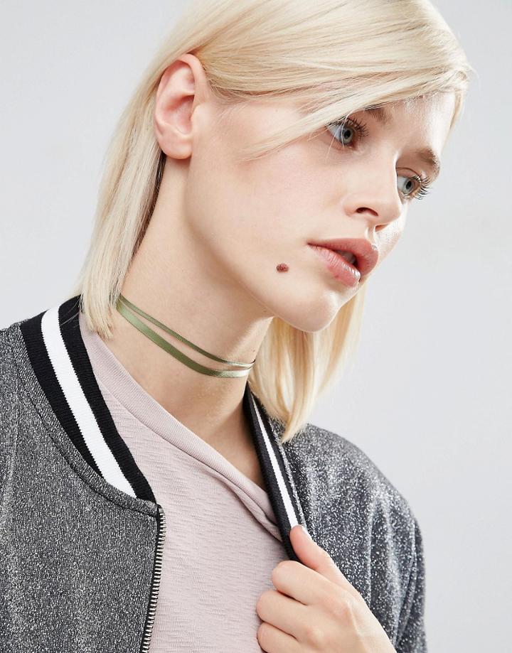 Asos Double Ribbon Choker Necklace - Khaki