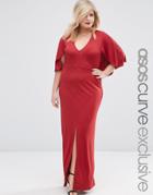 Asos Curve Maxi Dress In Crepe With Cape Sleeve - Berry
