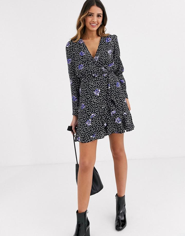 Miss Selfridge Wrap Mini Dress With Frill In Floral Print-black