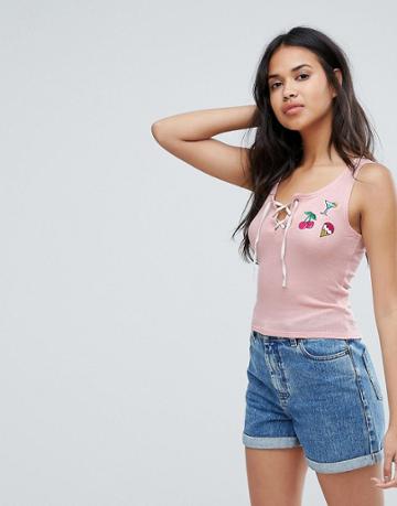 Brave Soul Juno Tie Front Tank With Badges - Pink