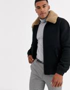 Asos Design Wool Mix Harrington Jacket With Detachable Fleece Collar In Black