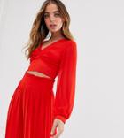 Tfnc Petite Knot Front Long Sleeve Wrap Two-piece Top In Red