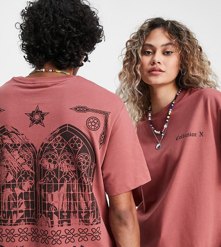 Collusion Unisex Renaissance Print T-shirt In Rust-orange