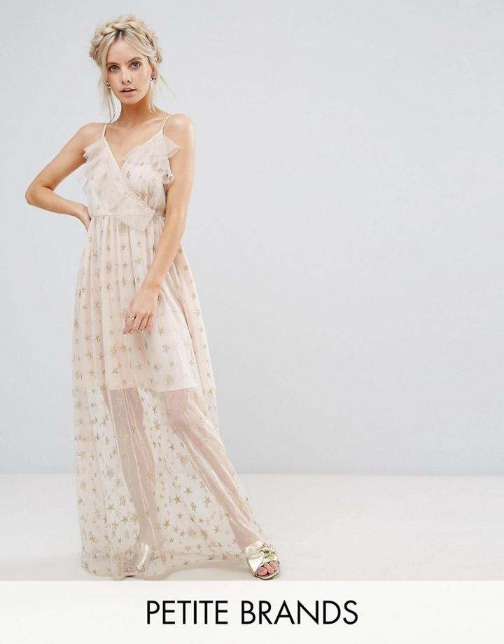 True Decadence Petite Wrap Front Frill Maxi Dress In Metallic Star Print - Pink