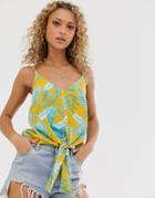 Asos Design Cami With Knot Front In Leaf Print - Multi
