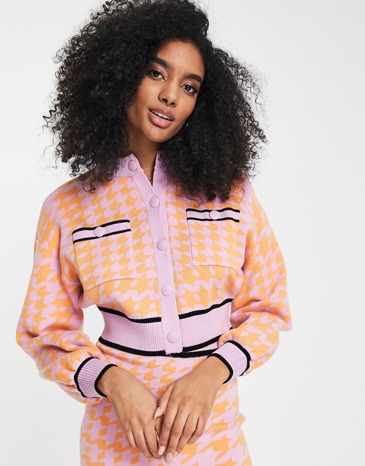 River Island Houndstooth Check Bomber Cardigan In Orange - Part Of A Set