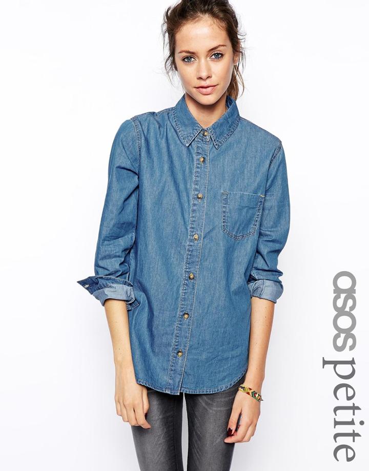 Asos Petite Denim Shirt In Retro Blue Wash - Mid Stone Wash