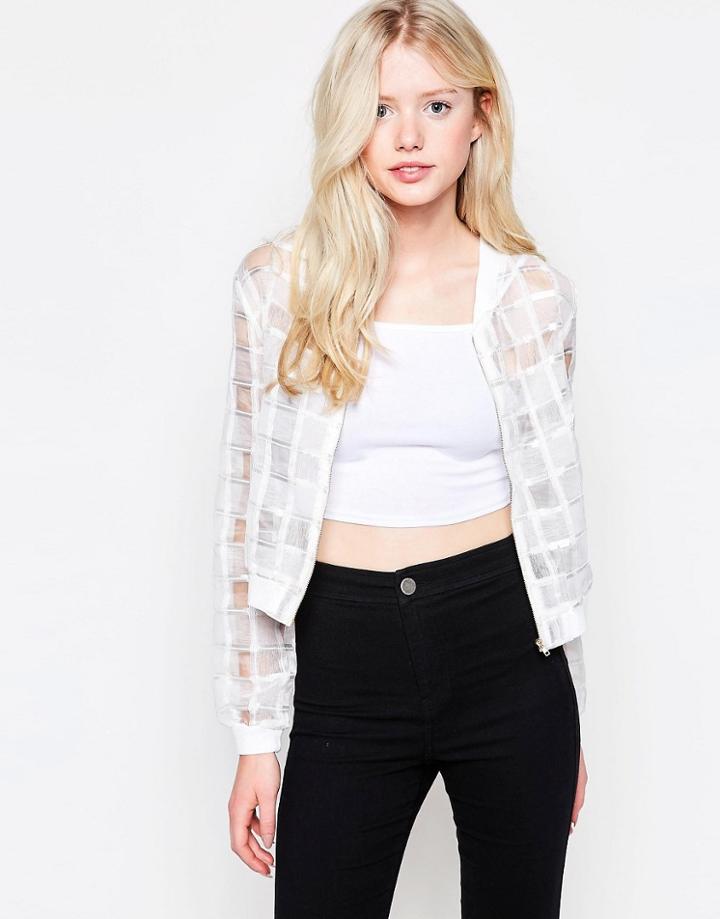 Daisy Street Sheer Bomber Jacket - White