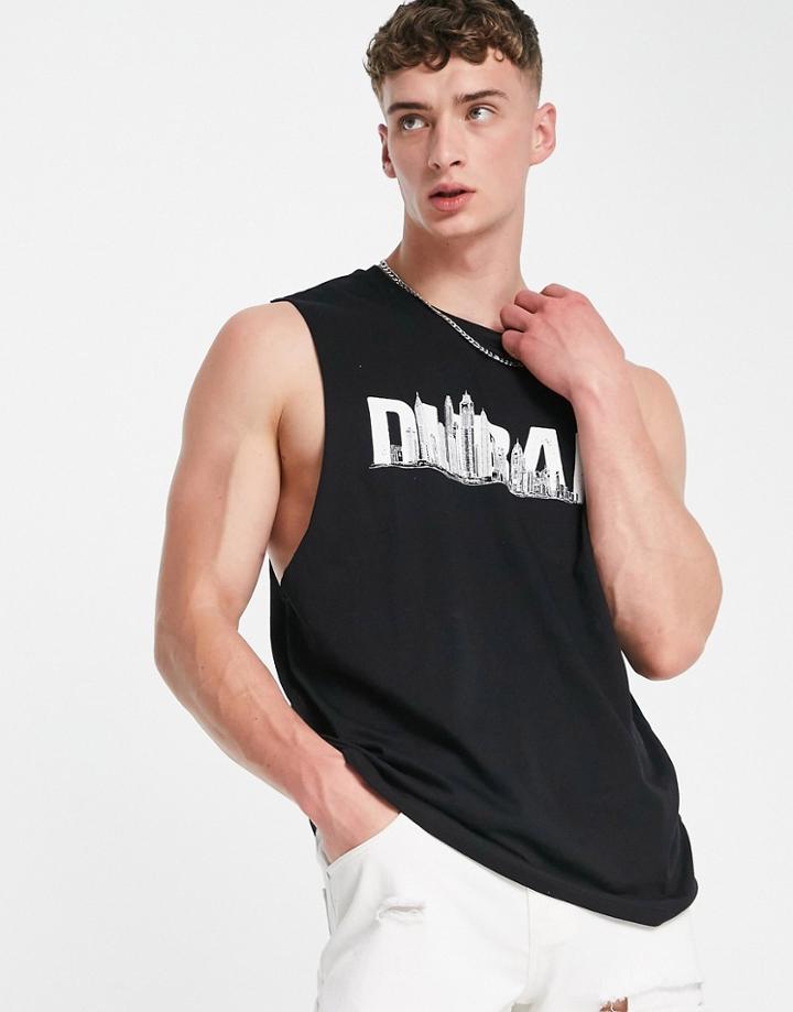 Asos Design Relaxed Tank Top In Black With Dubai City Print
