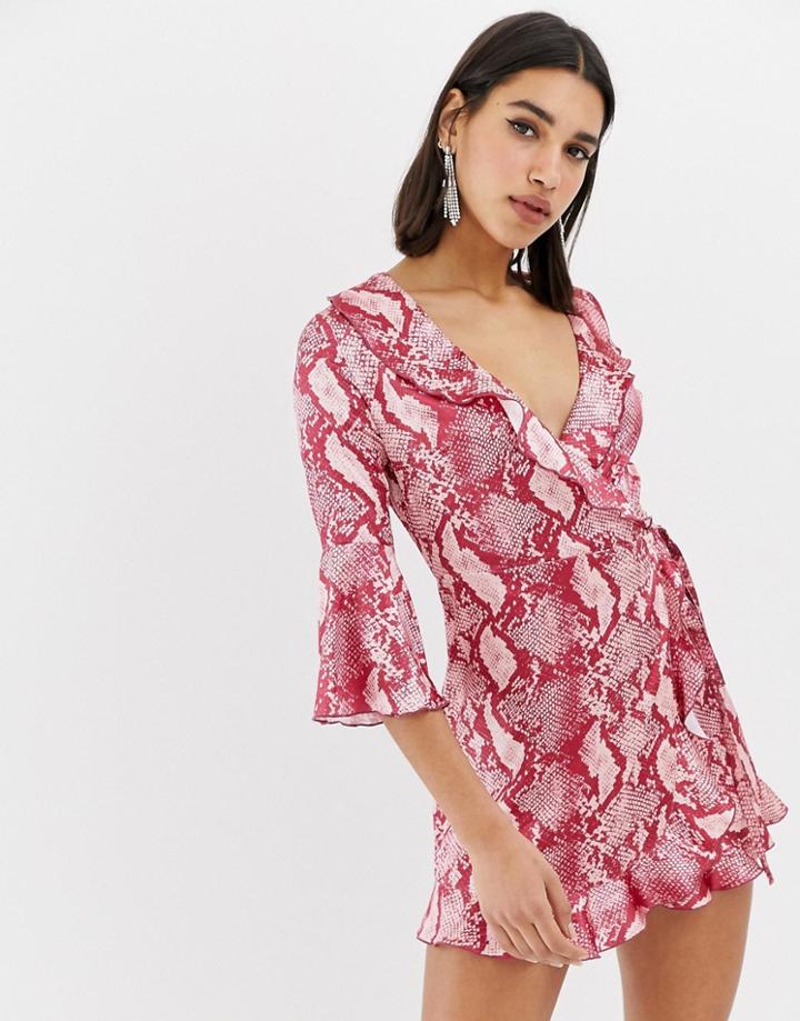 Outrageous Fortune Ruffle Wrap Dress With Fluted Sleeve In Red Brushed Snake-multi
