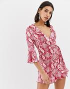 Outrageous Fortune Ruffle Wrap Dress With Fluted Sleeve In Red Brushed Snake-multi
