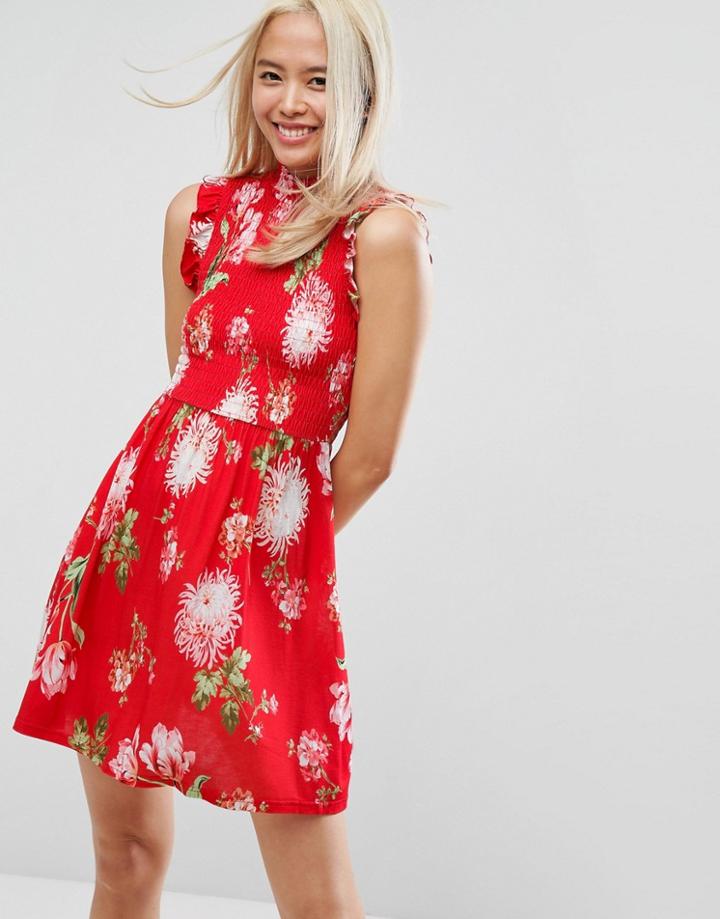 Asos Mini Skater Dress With Shirring Panel In Red Floral Print - Multi