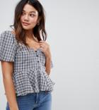 Asos Design Tea Blouse With Button Front In Check Print - Multi
