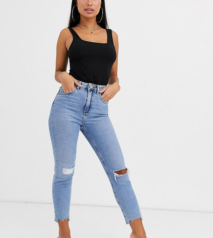 Asos Design Petite Farleigh High Waisted Slim Mom Jeans In Light Vintage Wash With Slashed Rips & Raw Hem Detail-blue