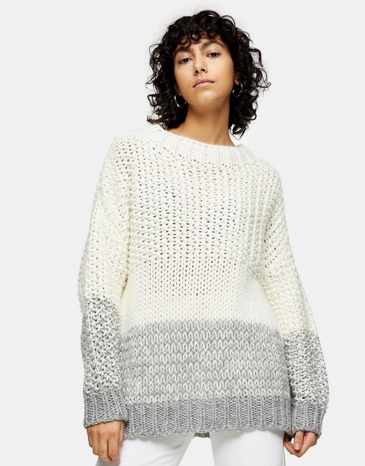 Topshop Contrast Panel Sweater In White & Gray-multi