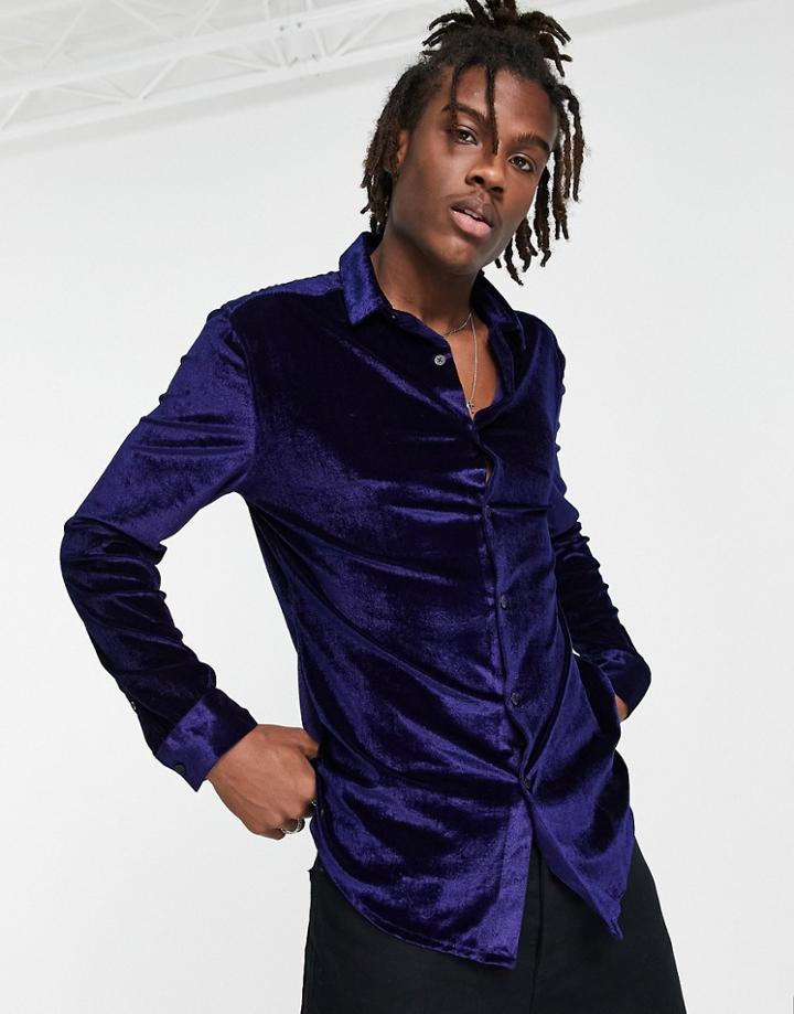 Asos Design Skinny Velvet Shirt In Navy