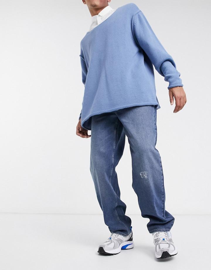 Asos Design Baggy Jeans In Dark Blue 90's Wash With Abrasions