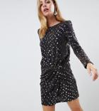 Flounce London Petite Mini Dress With Statement Shoulder In Navy With Gold Sequin - Navy