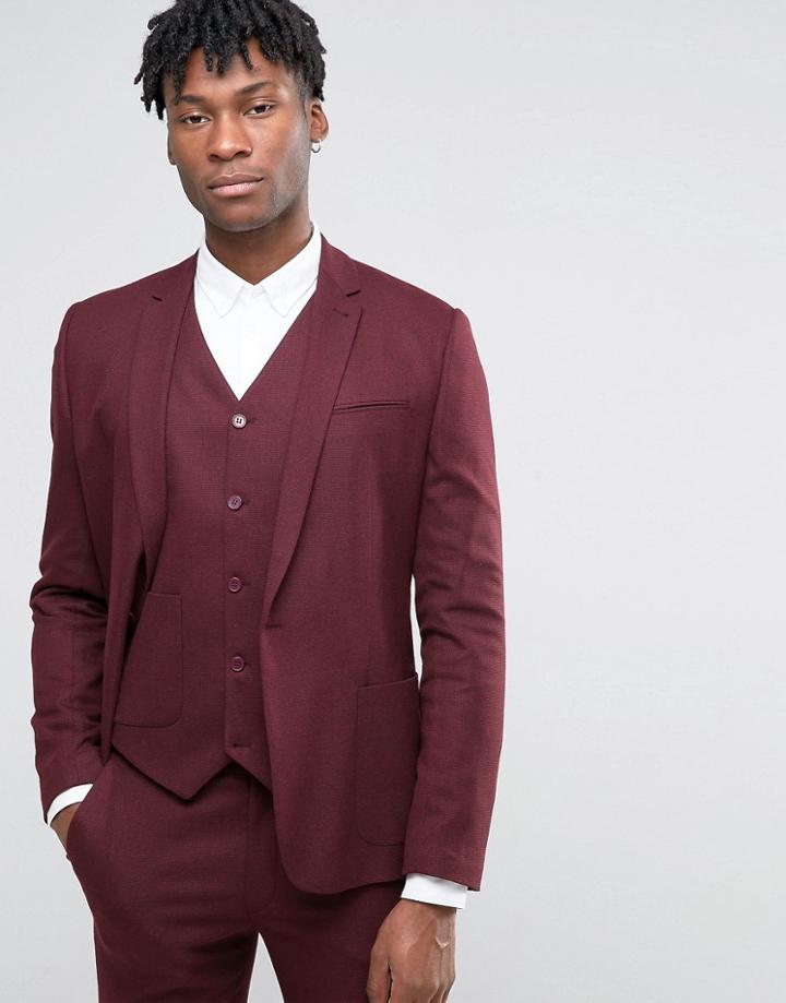 Asos Skinny Suit Jacket In Burgundy Micro Texture - Red
