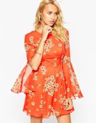 Asos Fluted Sleeve Dress With V-back In Red Daisy Print - Print