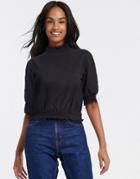 Monki Nicolina Smocked Hem Short Sleeve Top In Black