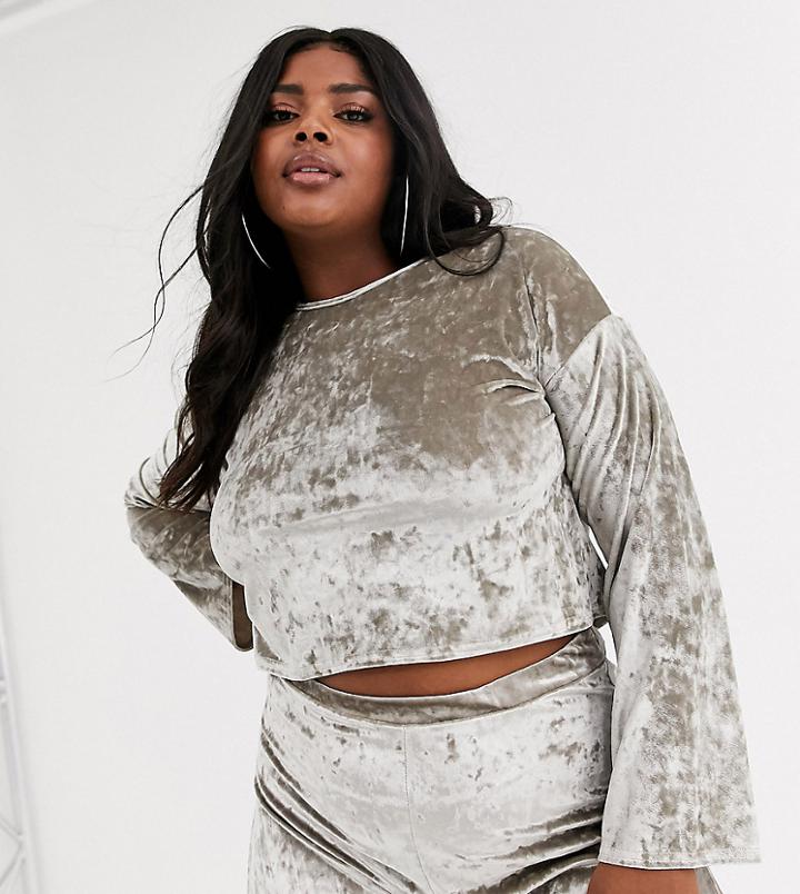 Fashionkilla Plus Crushed Velvet Crop Top In Shadow Gray - Blue