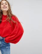 Bershka Blouson Sleeve Fluffy Sweater - Red