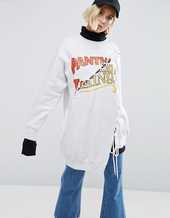 Stylenanda Deconstructed Varisty Sweatshirt With Lace Up - Gray