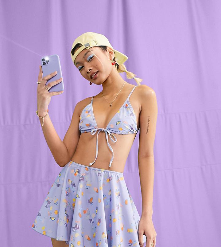 Collusion Recycled Swim Skirt In Fruit Print-purple