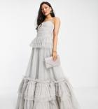 Lace & Beads Exclusive Strapless Tulle Maxi Dress In Gray-grey
