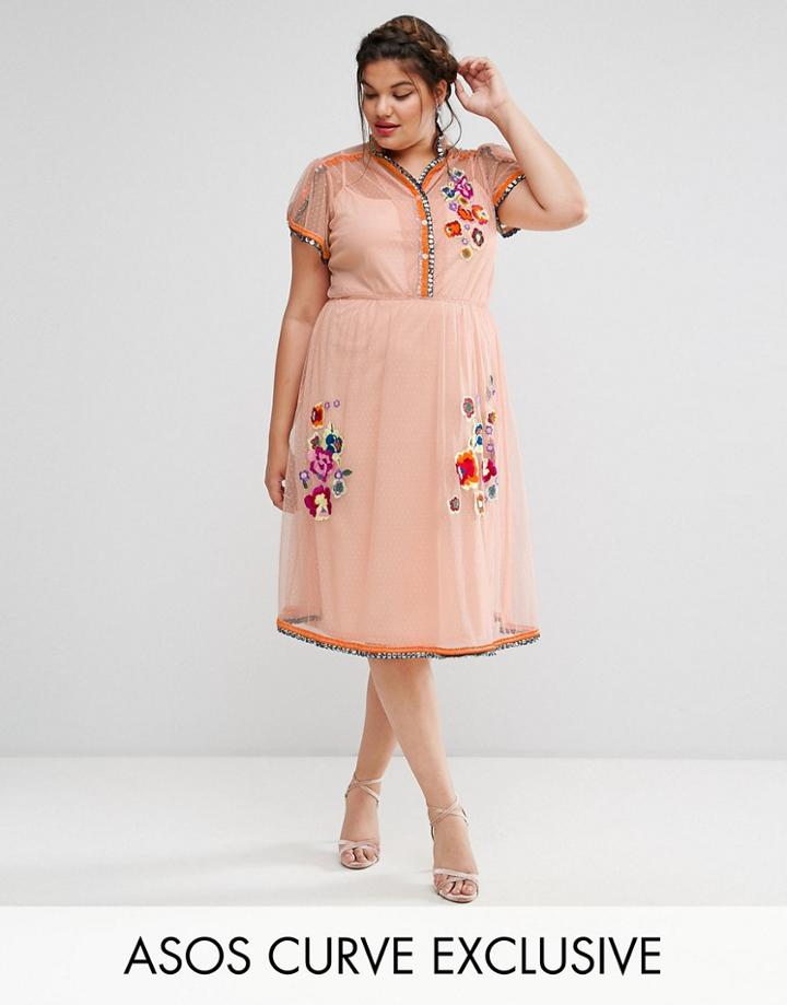 Asos Curve Premium Mesh Skater Dress With Embellishment & Embroidery - Orange