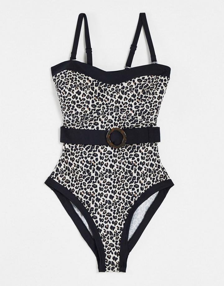 Pour Moi Fuller Bust Belted Swimsuit In Black & White Animal Print-multi