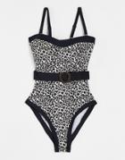 Pour Moi Fuller Bust Belted Swimsuit In Black & White Animal Print-multi