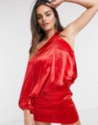 Asos Design One Shoulder Blouson Drape Mini Dress-red