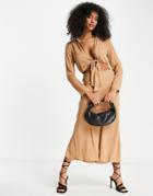 Asos Design Cut Out Midi Shirt Dress With Knot Front Detail In Beige-brown