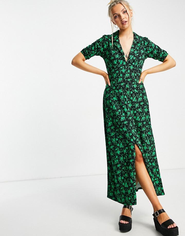 Asos Design Ultimate Midi Tea Dress In Black And Green Floral Print