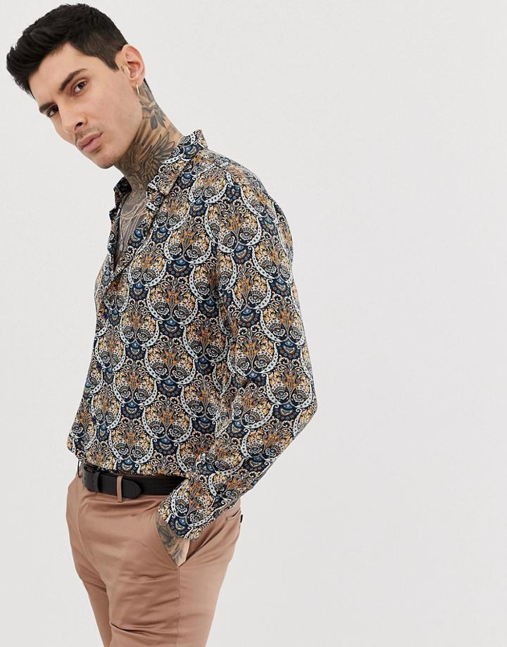 Devils Advocate Slim Fit Viscose Print Soft Long Sleeve Shirt-brown