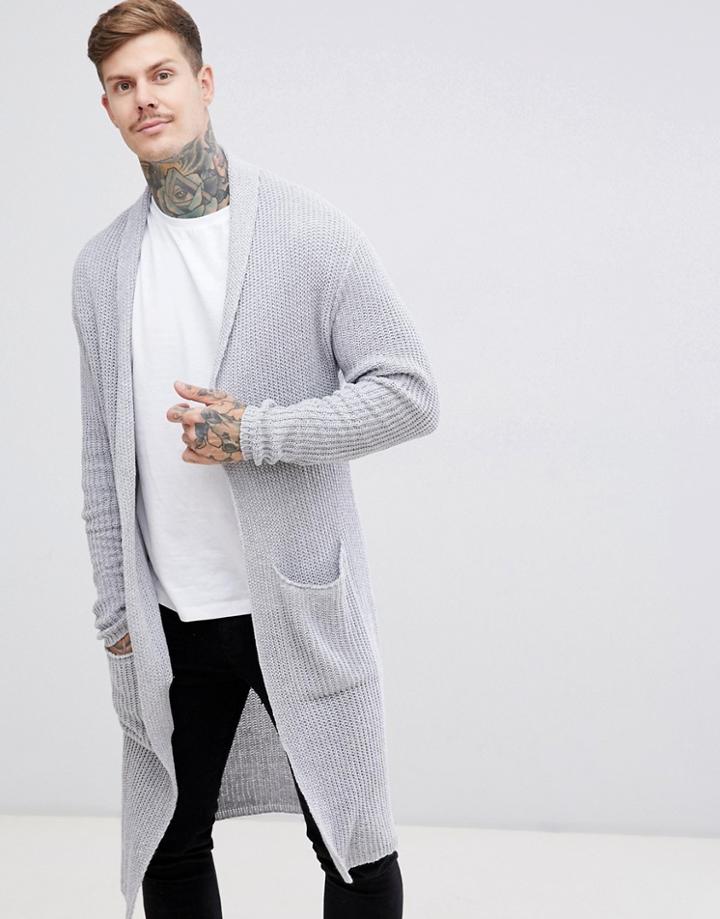 Boohooman Longline Fisherman Knit Cardigan In Gray - Gray